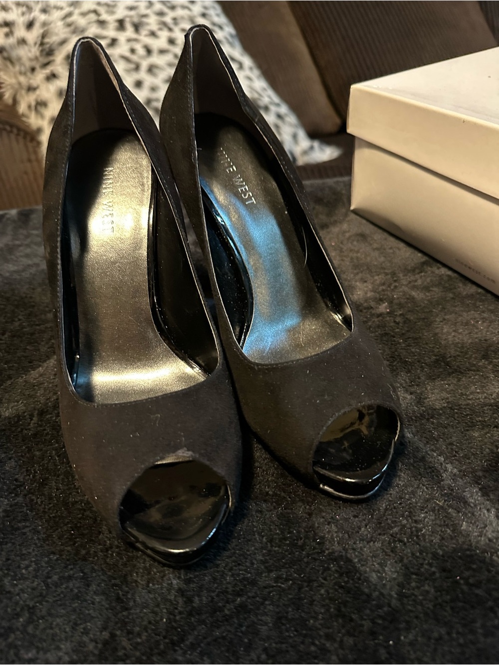 Nine West Black Suede Peep-Toe Heels